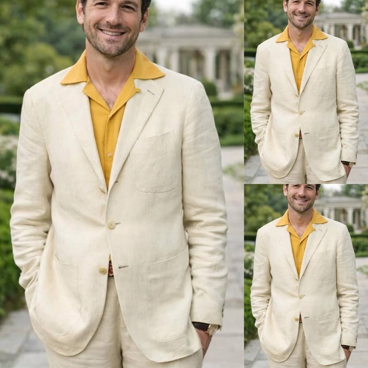 Men'S Relaxed Formal Wear - Setelan Pria Linen Beige 2 Potong