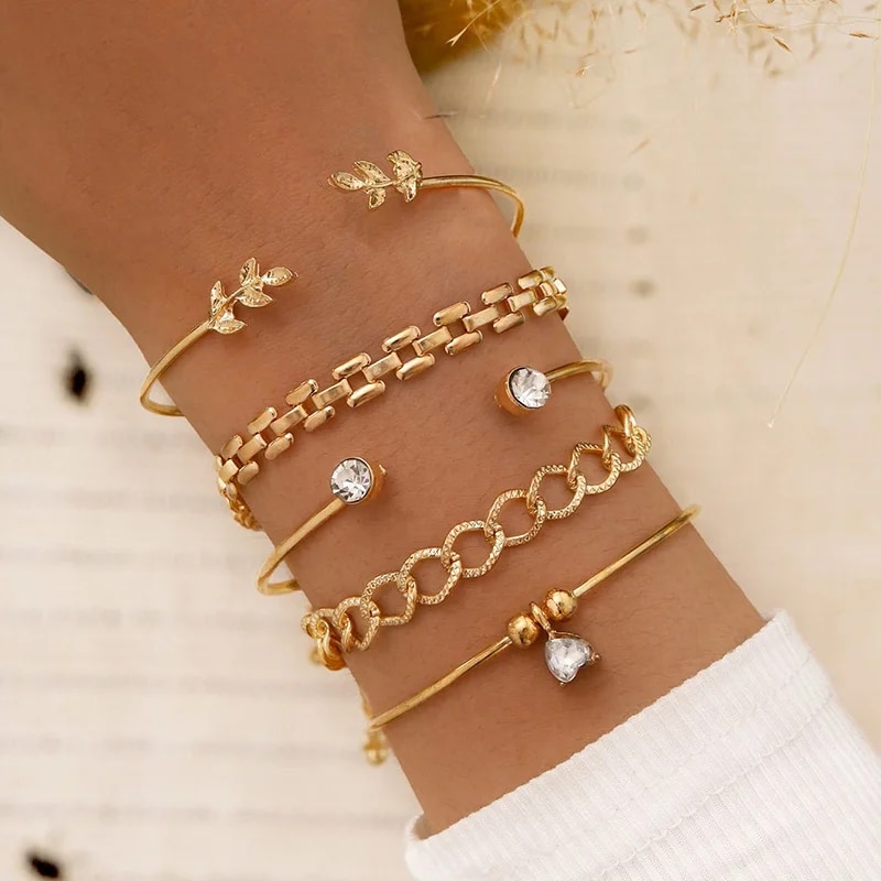Cufflinks Silver Set - Set Gelang daun Bohemian wanita, emas