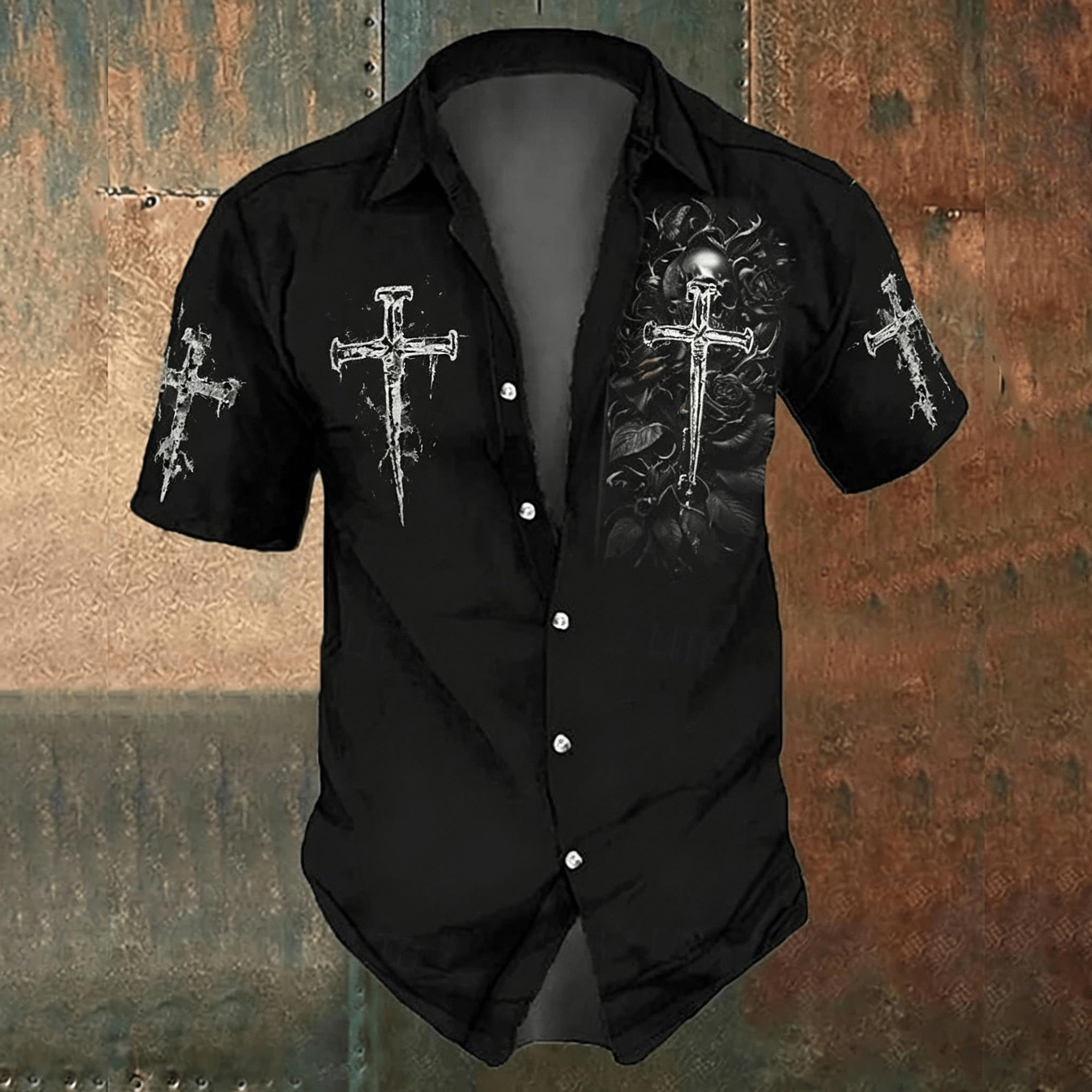 Kemeja Kasual Pria Motif Salib - Men'S Gothic Formal Wear ulasan dan harga
