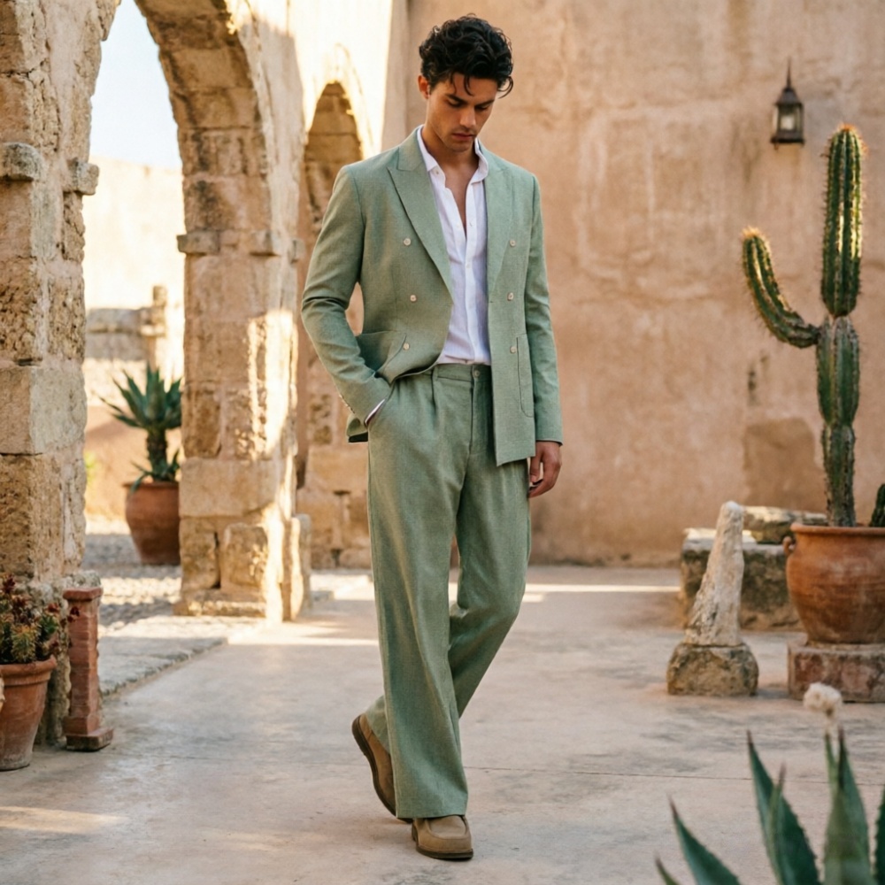 Setelan Pria Linen Hijau Sage  - Men'S Relaxed Formal Wear ulasan dan harga